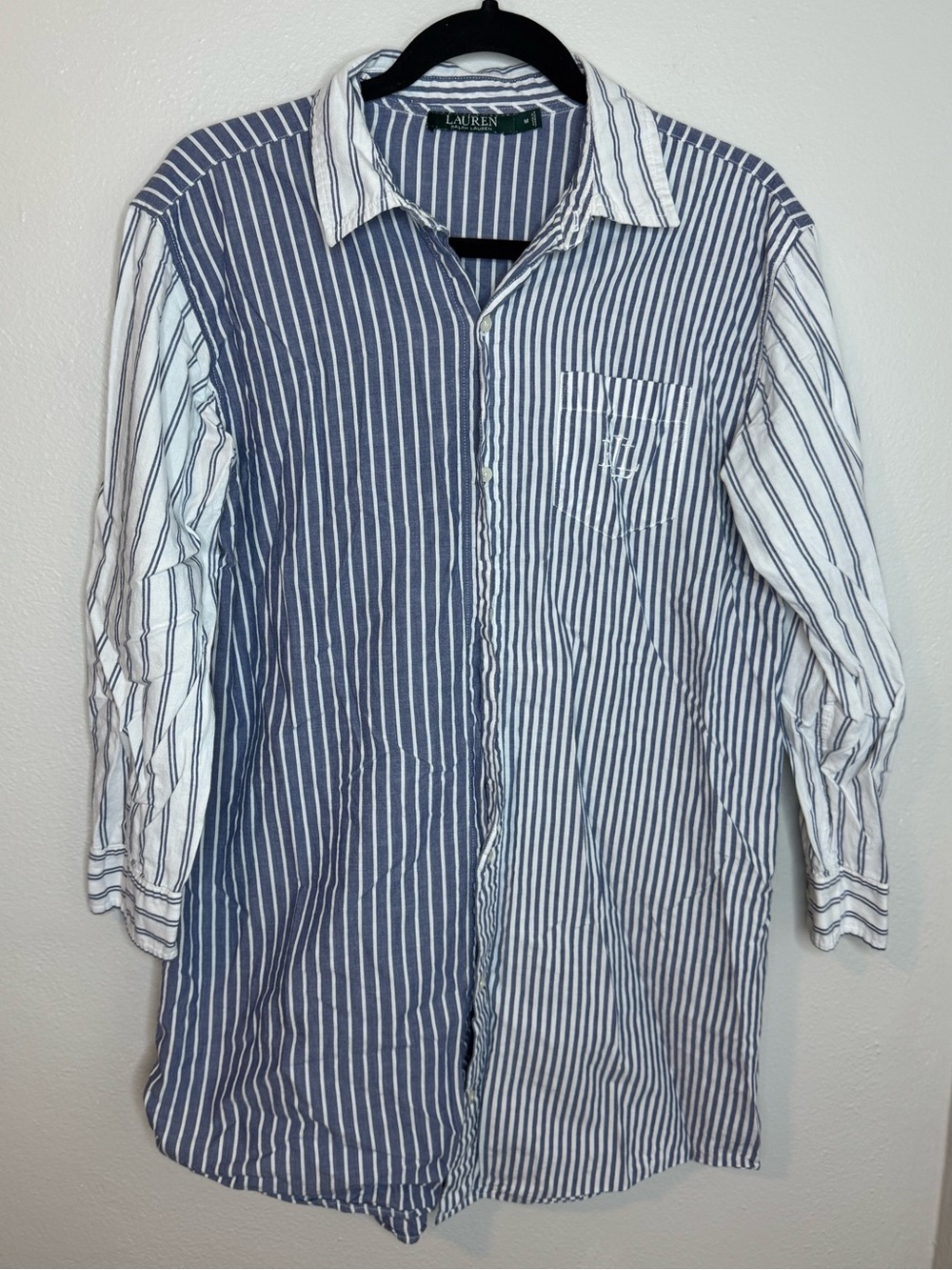 LAUREN RALPH LAUREN Mixed Stripe Patchwork Button Down Shirt Blue White monogram